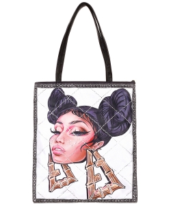 Women Print Sequined Tote Bag A039PP WHITE